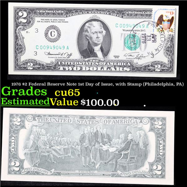 1976 $2 Federal Reserve Note 1st Day of Issue, with Stamp (Philadelphia, PA) Grades Gem CU