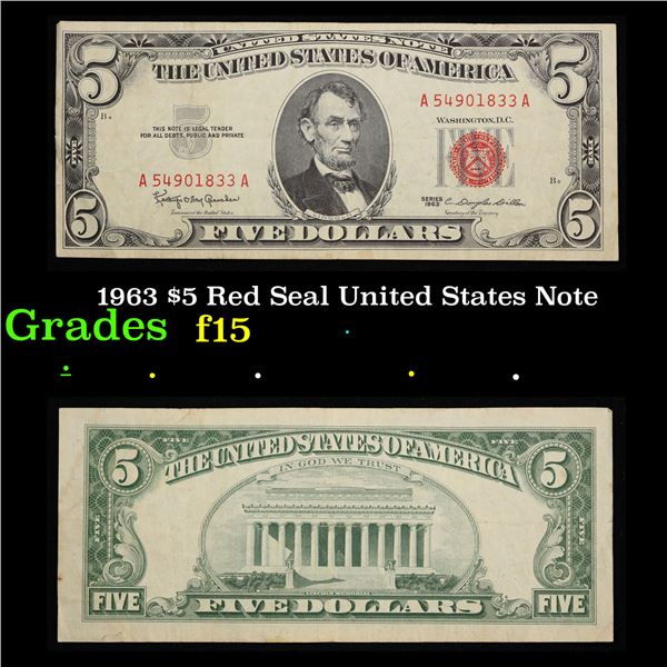 1963 $5 Red Seal United States Note Grades f+
