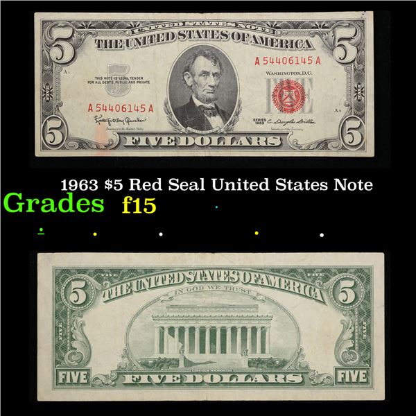 1963 $5 Red Seal United States Note Grades f+