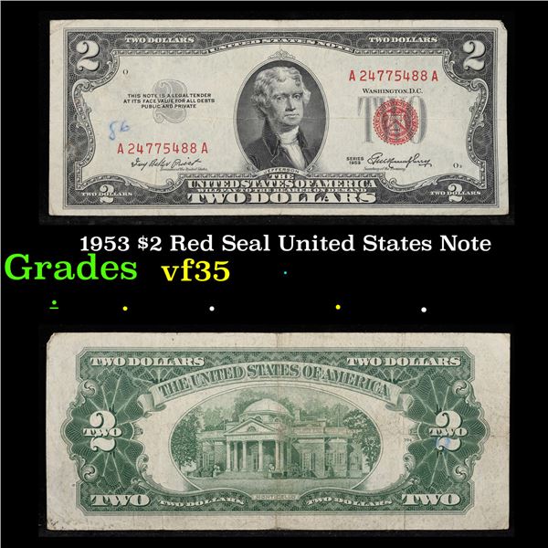 1953 $2 Red Seal United States Note Grades vf++