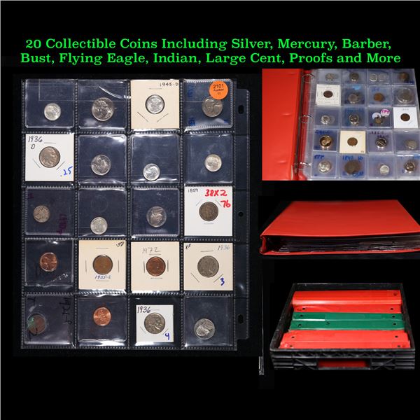 20 Collectible Coins Including Silver, Mercury, Barber, Bust, Flying Eagle, Indian, Large Cent, Proo