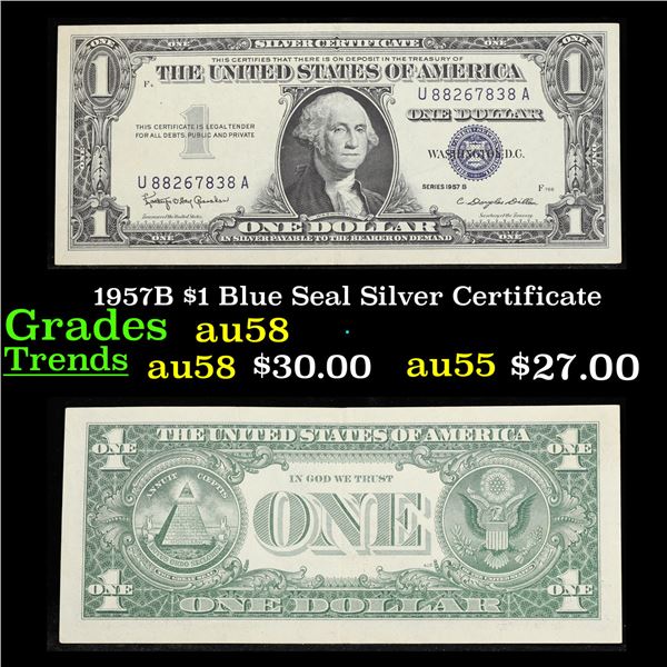 1957B $1 Blue Seal Silver Certificate Grades Choice AU/BU Slider