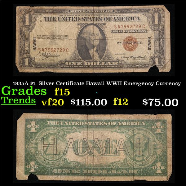 1935A $1  Silver Certificate Hawaii WWII Emergency Currency Grades f+