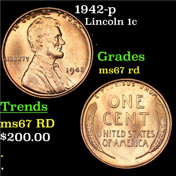 1942-p Lincoln Cent 1c Grades GEM++ Unc RD