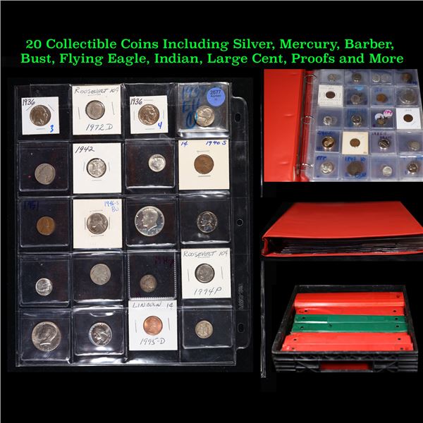 20 Collectible Coins Including Silver, Mercury, Barber, Bust, Flying Eagle, Indian, Large Cent, Proo