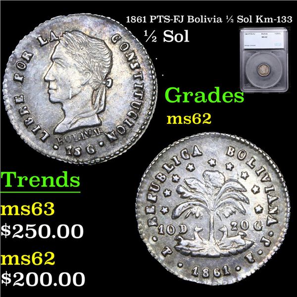 1861 PTS-FJ Bolivia 1/2 Sol Km-133 Graded ms62 By SEGS