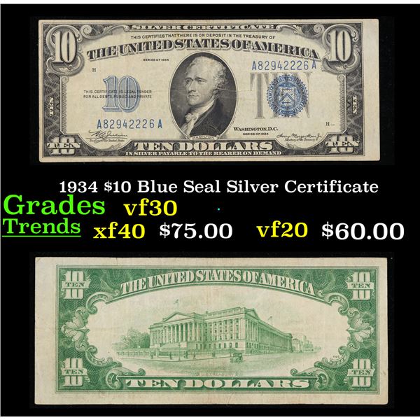 1934 $10 Blue Seal Silver Certificate Grades vf++