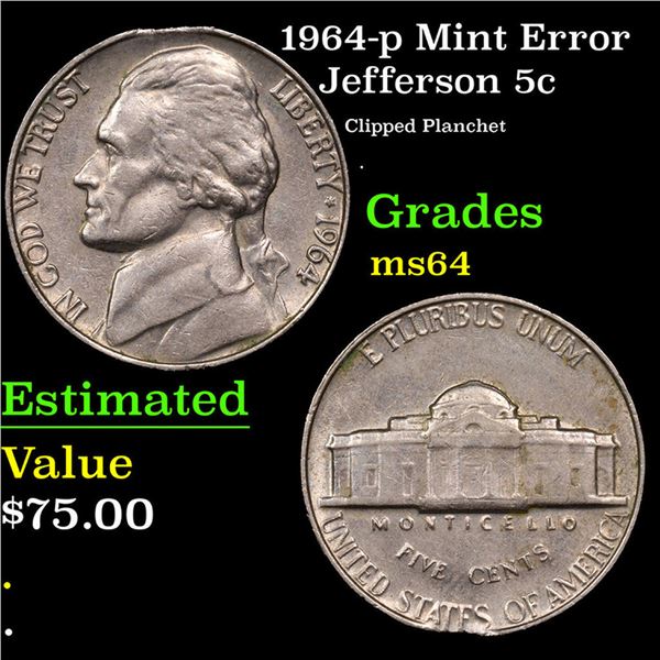 1964-p Jefferson Nickel Mint Error 5c Grades Choice Unc