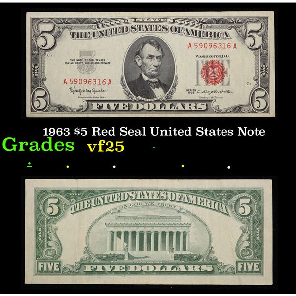 1963 $5 Red Seal United States Note Grades vf+