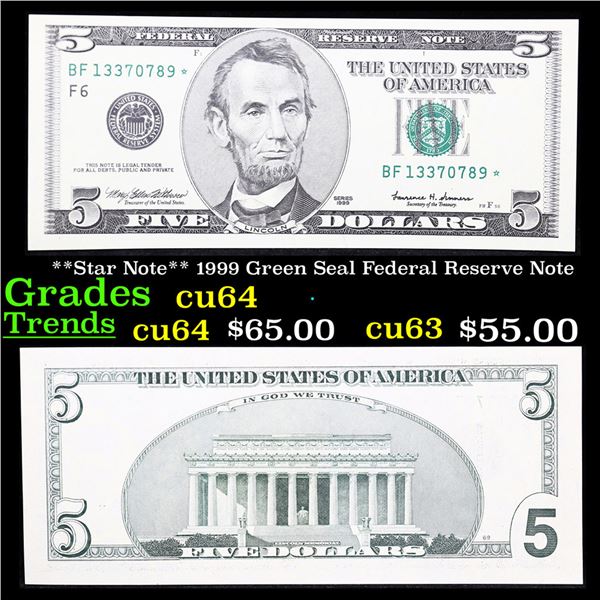 **Star Note** 1999 Green Seal Federal Reserve Note Grades Choice CU