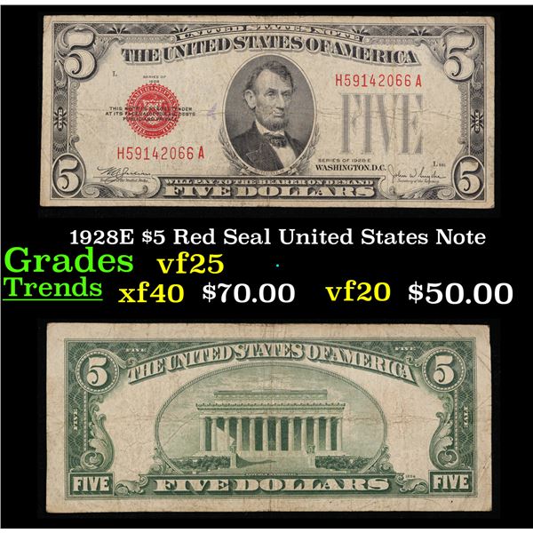 1928E $5 Red Seal United States Note vf+