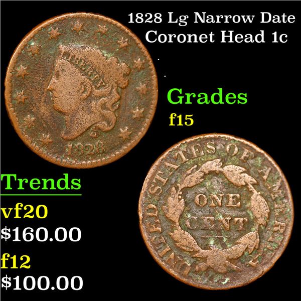 1828 Lg Narrow Date Coronet Head Large Cent 1c Grades f+