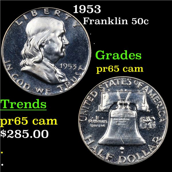 Proof 1953 Franklin Half Dollar 50c Grades GEM Proof Cameo