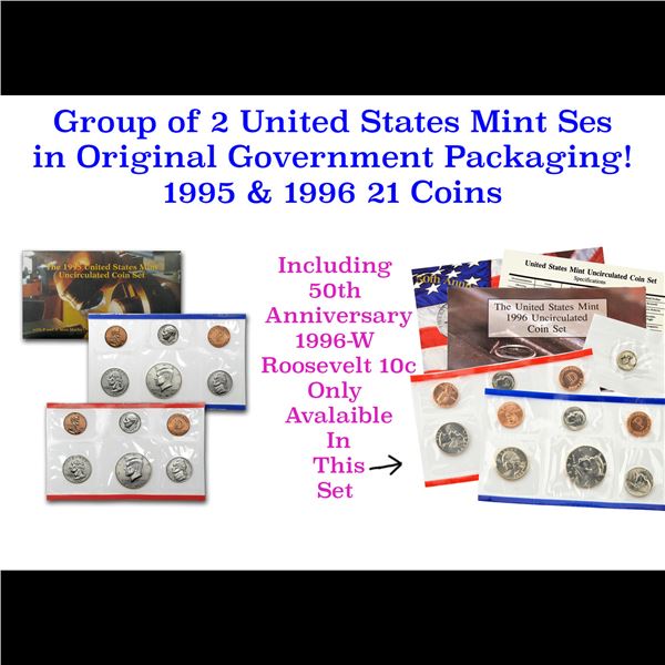 Group of 2 United States Mint Set in Original Government Packaging! From 1995-1996 with 21 Coins Ins