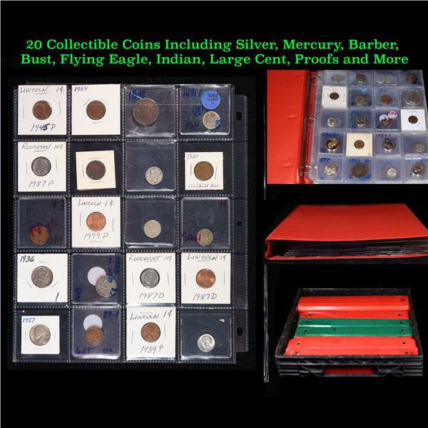 20 Collectible Coins Including Silver, Mercury, Barber, Bust, Flying Eagle, Indian, Large Cent, Proo