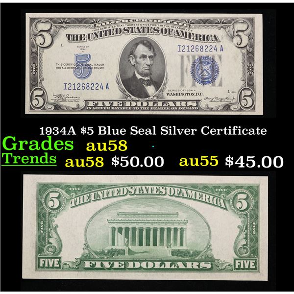 1934A $5 Blue Seal Silver Certificate Grades Choice AU/BU Slider