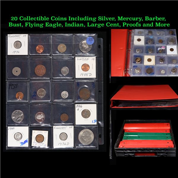 20 Collectible Coins Including Silver, Mercury, Barber, Bust, Flying Eagle, Indian, Large Cent, Proo