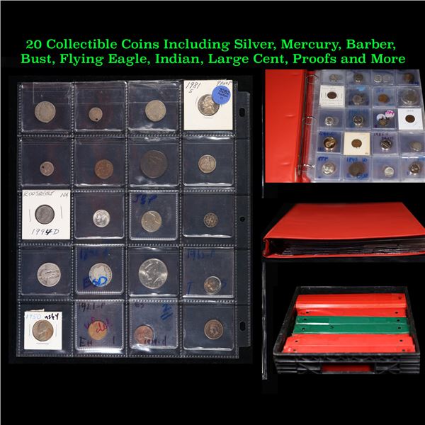 20 Collectible Coins Including Silver, Mercury, Barber, Bust, Flying Eagle, Indian, Large Cent, Proo