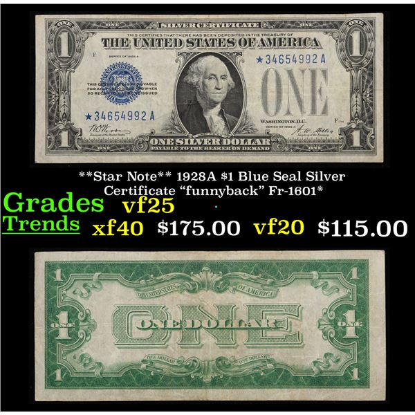 **Star Note** 1928A $1 Blue Seal Silver Certificate "funnyback" Fr-1601* Grades vf+