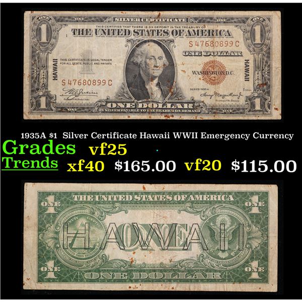 1935A $1  Silver Certificate Hawaii WWII Emergency Currency Grades vf+