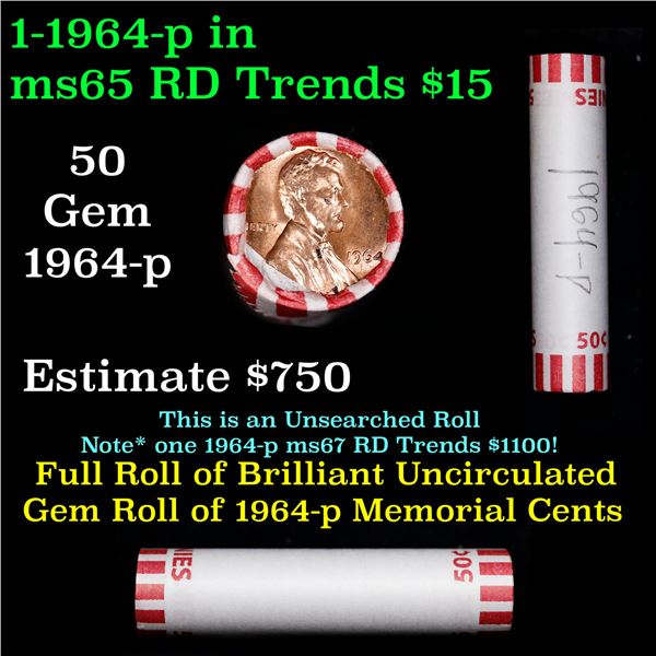 Shotgun Lincoln 1c roll, 1964-p 50 pcs Bank Wrapper.