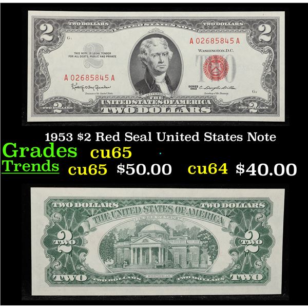 1953 $2 Red Seal United States Note Grades Gem CU