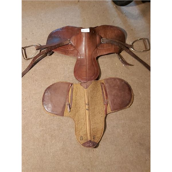 Leather English Saddle and underpad with stirrups -Brown-