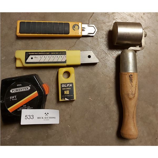 Crain Stainless Steel Carpet Roller, Olfa Cutting Blade, Measuring Tape, and Olfa Replacement Blades
