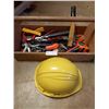 Image 1 : Wooden Tool Box with Assorted Tools and Hard Hat