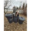 Image 1 : 3 Garbage Cans and Assorted Yard Tools Including Toro Weed Whacker