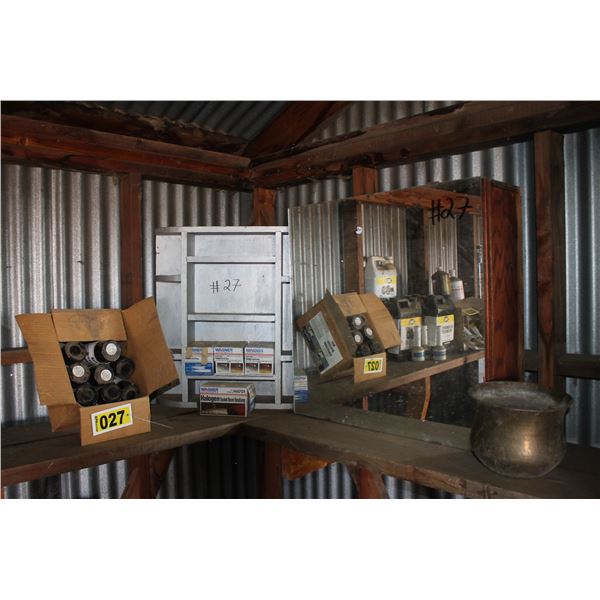 Mirror, belt dressing, light bulbs, wood shelf & bowl