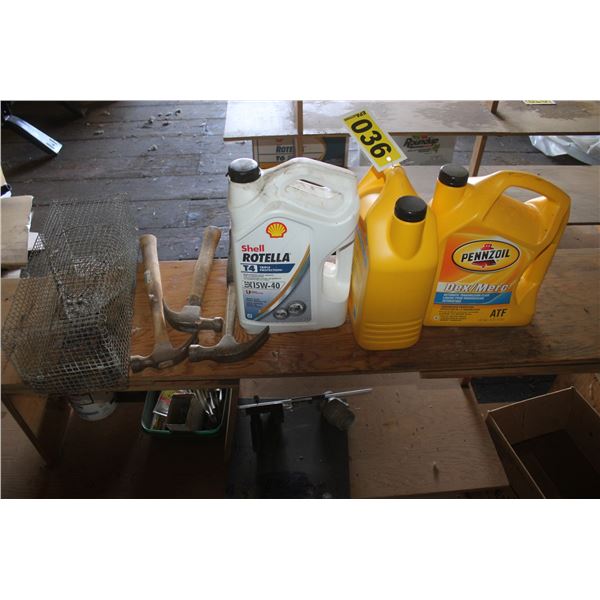 Jug of 15W40, 2- Jugs of Dex/Merc ATF, 3- hammers and cage