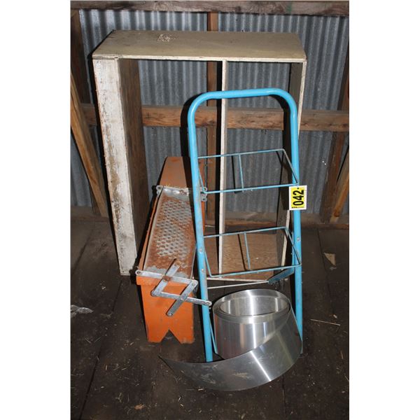 Wood shelf, wood bench, tin, 3 tier rolling cart