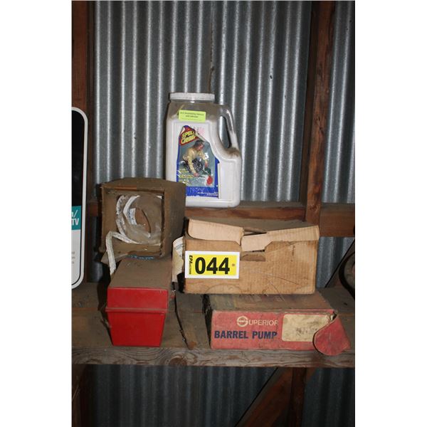 Barrel pump, brake shoes, spill clean, road hazard markers and Ice auger (motor seized)