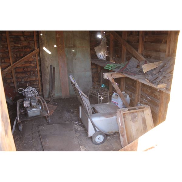 2- Hyd. Rams, paint pot, 12V Comp., 6 drawer tool cabinet, misc. plywood, old pressure washer, come-