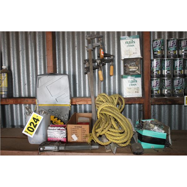 Wood clamps, nails, rope, hand wrench set (incomplete) & stapler