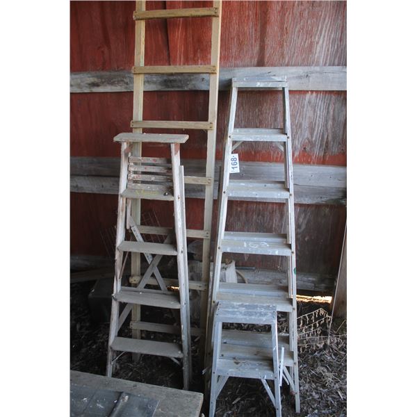 2- Wooden step ladders and 1- alum. Ladders