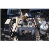 Image 1 : Misc. bottles jacks, grease gun, heavy steel table with vise, steel barrel and propane tanks