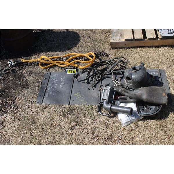 Light tow rope, misc. chain, new combine pickup belt, water pump parts