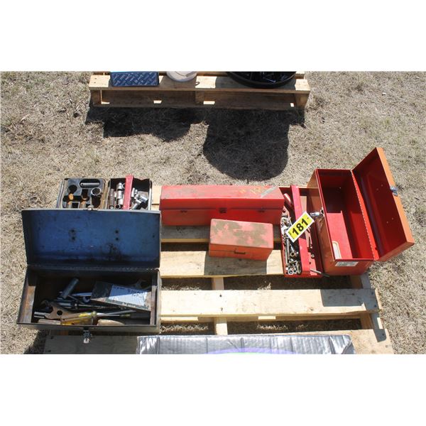 Craftsman tool box, emergency flare kits, misc. sockets & tools in gray box