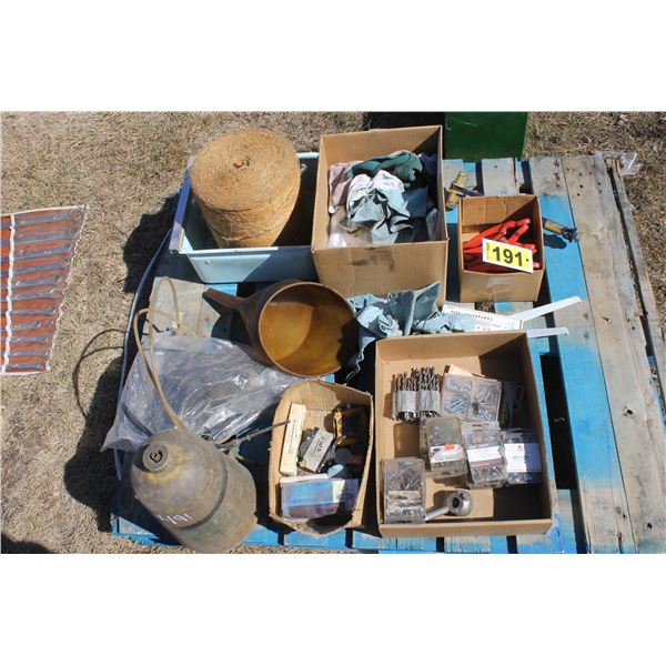 Pallet with Swather guards, sisal twine, swather knife bolts and misc.