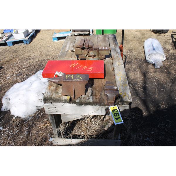 Wooden work table c/w mounted vise, small anvil, 4" vise and 2 wheel cart