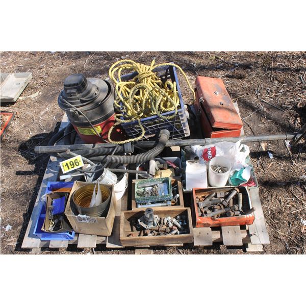 Pallet of misc. bolts, shop vac., rope and red toolbox