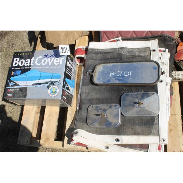Winter & summer vehicle fronts, mirrors, boat cover (new) fits 14'-16'
