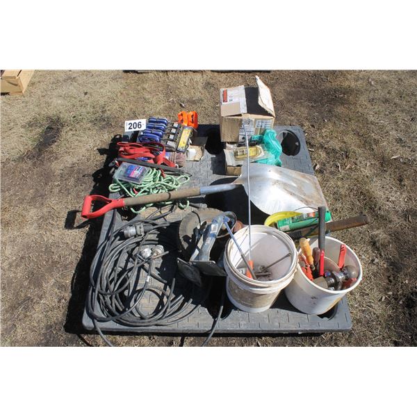Pallet of cargo straps, rope, shovel, misc. tools, ball hitches, gauge wheels and sprayer parts