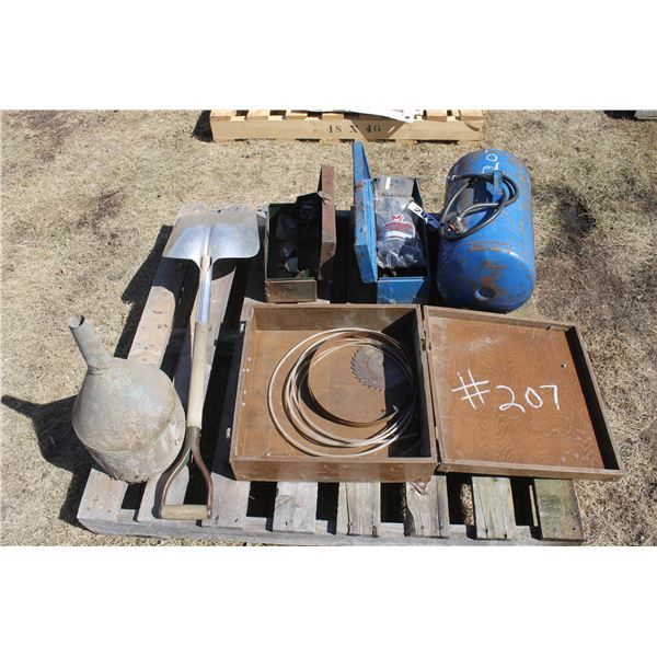 Blue portable air tank, guards, knife sections, tool boxes, shovel and funnel