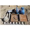 Image 1 : Blue portable air tank, guards, knife sections, tool boxes, shovel and funnel