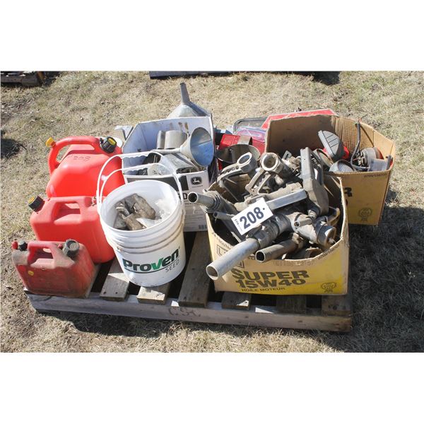 Jerry cans, misc. fuel nozzles, box of lights (vehicle)