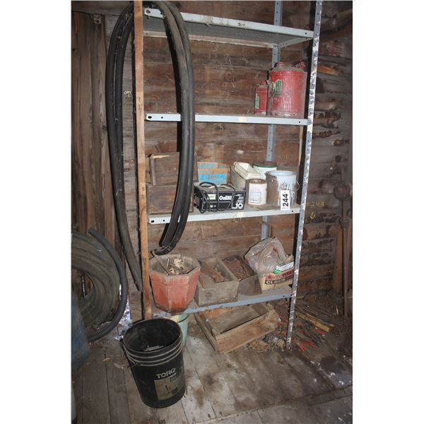 Gray shelving, gas pumps and misc. on shelves