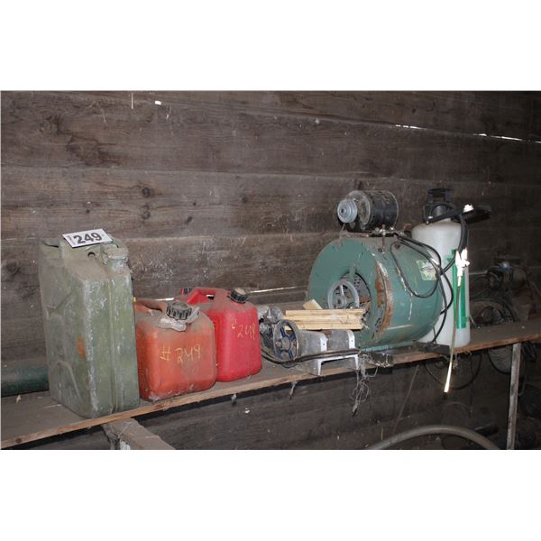Jerry cans, gas can, furnace fan, sprayer, plastic hose, water hose c/w elec. pencil auger